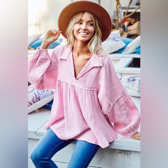 Ces Femme pink boho babydoll top - Picture 1 of 6